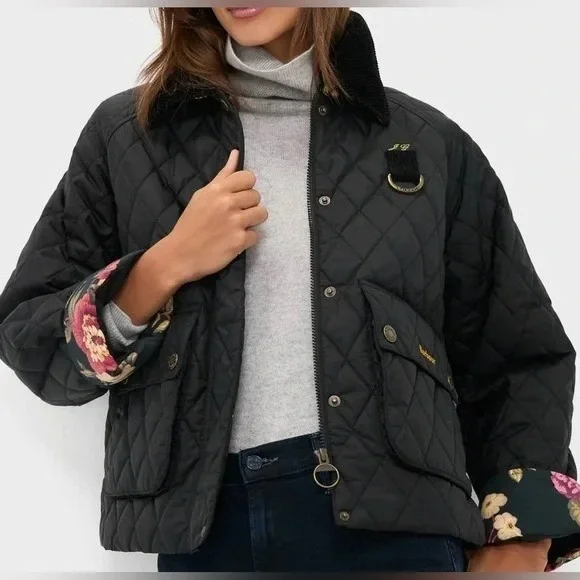 Barbour x Tuckernuck Kinsley Quilted Jacket Black Floral Lined Womens Sz 12 - Picture 2 of 16